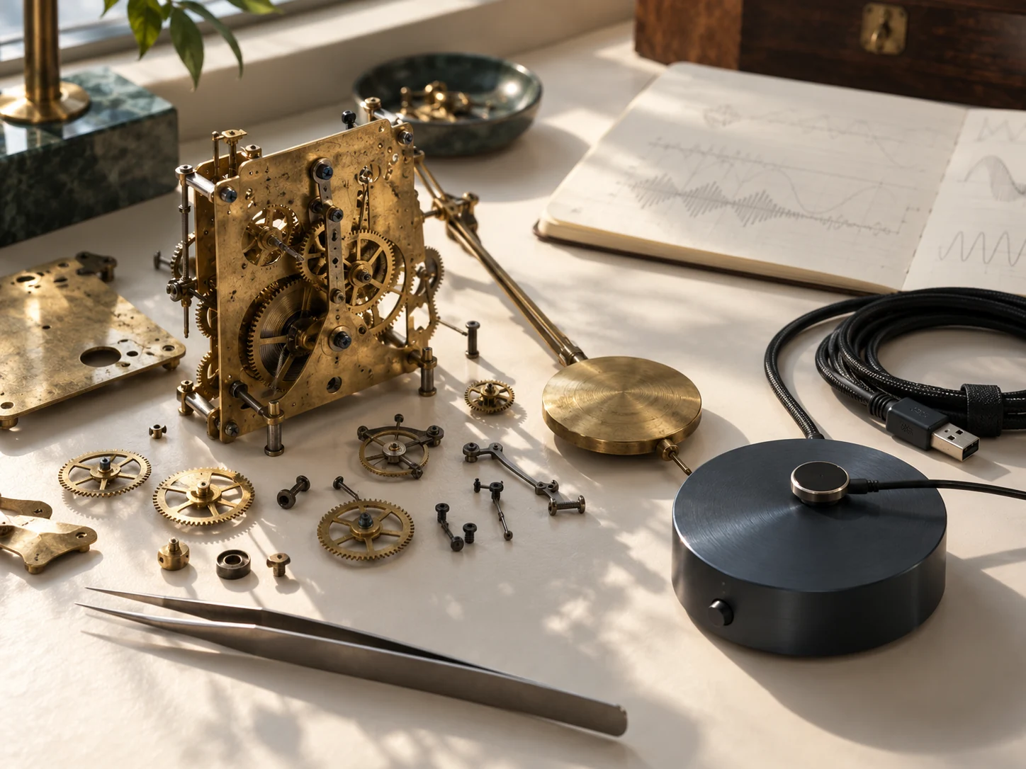 Editorial visualization of a careful instrument workbench with a brass clock movement and precision tools